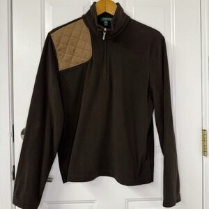 Lauren Ralph Lauren Womens‎ Brown Polar Fleece 1/4 Zip Faux Suede Patch Sz Large